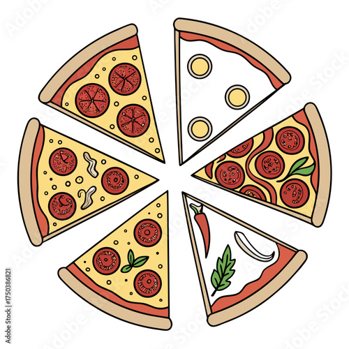 Artistic vector illustration of a pizza slices circle arrangement scalable eps graphic