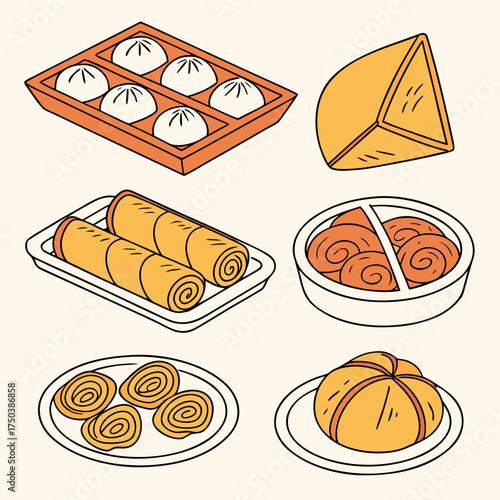 Diverse vector food illustration set featuring asian dumplings spring rolls and pastries