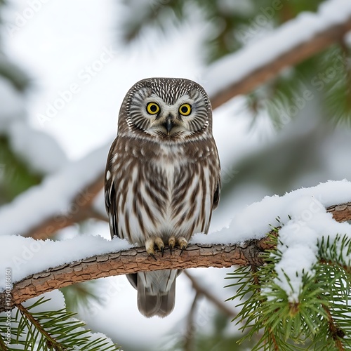 Northern Saw-whet Owl Perched on Snowy Branch in Winter.