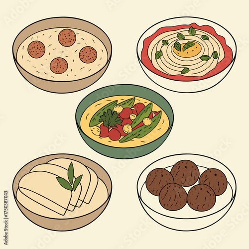 Vector illustration set of six delicious arabic dishes appetizing mezze collection scalable art