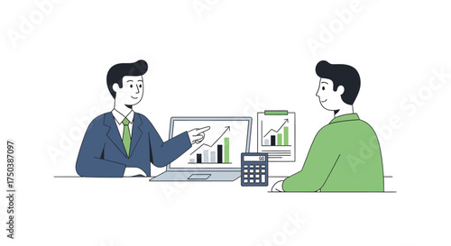 Business Meeting, Financial Analysis, Office, Illustration, Professional Environment, Side View, Growth Strategies