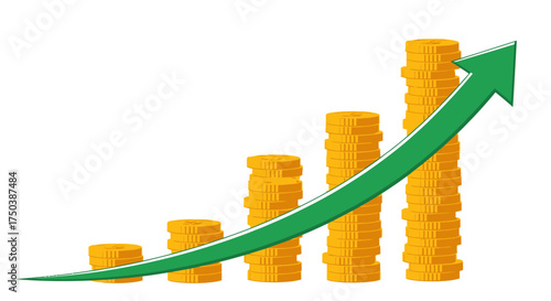 Financial Progress with Stacked Coins and Arrow on White Background