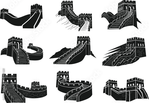 Great Wall of China segments, stylized landmark views, black and white vector illustration for travel, architecture, history, culture, tourism, design