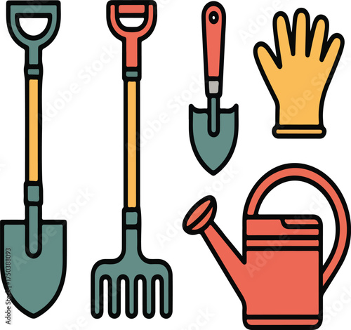 Garden tools icon set including shovel, rake, trowel, gloves, and watering can for gardening tasks