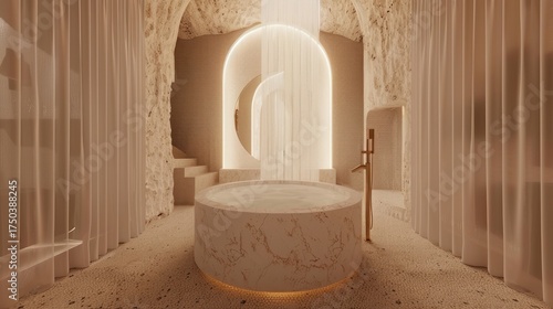 Elegant Marbled Bath Tub in Modern Spa Room with Soft Lighting and Natural Textures