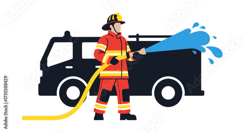 Firefighter Action, Fire Suppression, Urban Environment, Illustration, Emergency Response, Graphic Design, Safety Concept