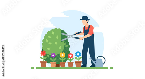 Pruning a Bush in a Colorful Flower Bed Illustration