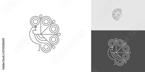 Elegant Stylized Geometric Line Art Peacock Logo Icon.