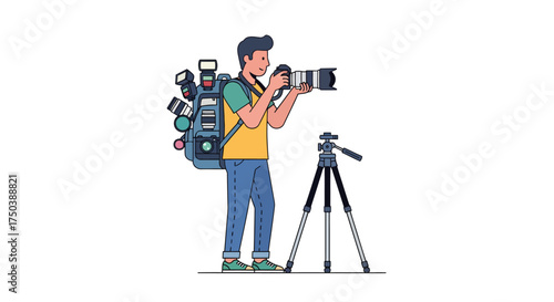 Photographer with Gear on Tripod in Urban Setting, Digital Illustration, Creative Environment
