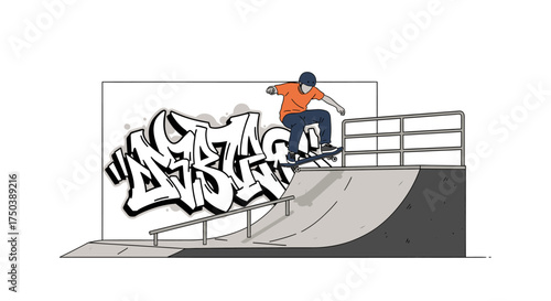 Skateboarding Action, Skateboarder, Urban Skate Park, Illustration, Graffiti Environment, Dynamic Viewpoint, Youth Culture Concept
