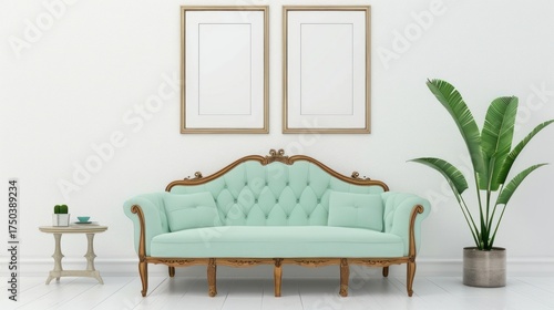 Elegant Mint Green Vintage Sofa with Wooden Frame in Modern Minimalist Living Room
