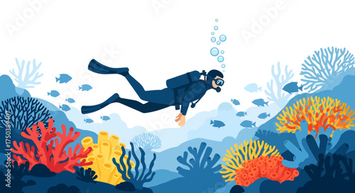 Scuba Diver Explores Colorful Coral Reefs Underwater in Ocean Environment