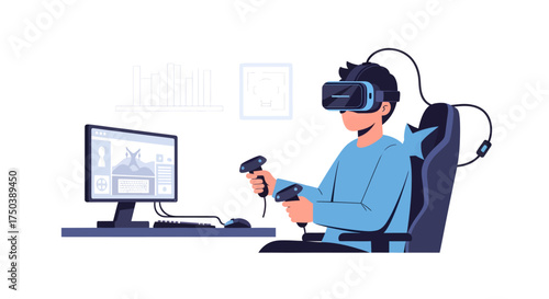 Young man experiencing virtual reality with immersive headset and controllers, interacting with digital world