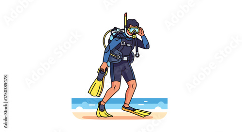 Scuba Diver with Equipment on Beach Vector Illustration for Aquatic Adventures