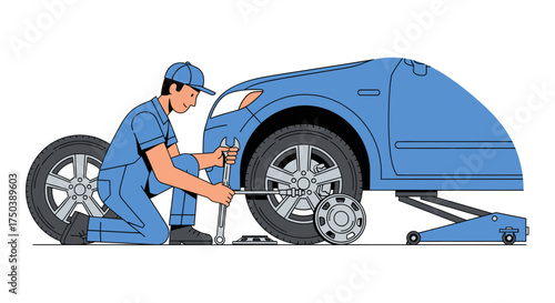 Car Mechanic Changing Tire with Wrench - Automotive Service Vector