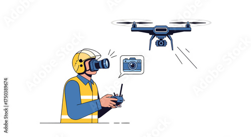 Drone pilot with augmented reality headset controlling a flying camera for aerial photography – VECTOR (236)
