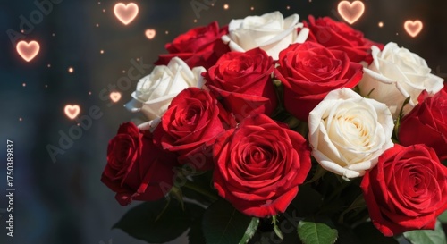 Wallpaper Mural A bouquet of red and white roses with glowing hearts against a blurred background Torontodigital.ca