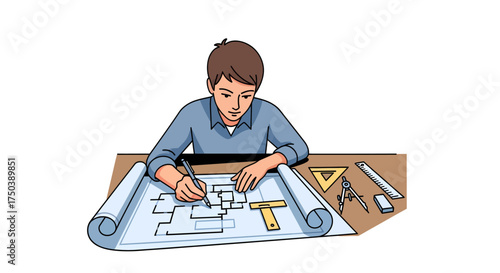 Engaged Illustrator Character Sketching Architectural Blueprints, A Precise Engineering Design Concept Depicted in Clear Vector Art Style for Planning and Development