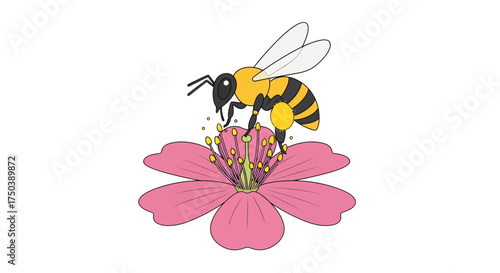 Vector illustration of a bee pollinating a pink flower, symbolizing nature's delicate balance and the importance of bees in the ecosystem