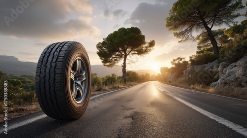 Wallpaper Mural Car wheel on empty road at sunset background Torontodigital.ca