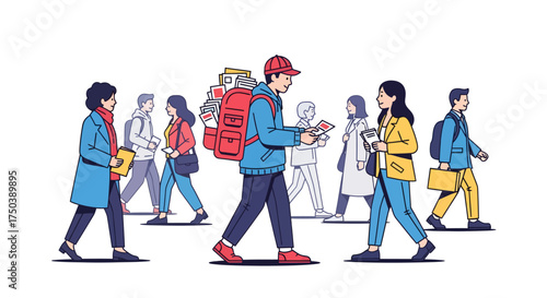 Illustration of a person with a backpack delivering items among other pedestrians in an urban setting, representing delivery and urban mobility