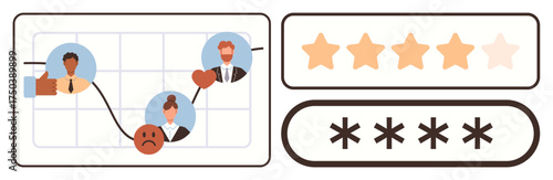 Rating stars, user emotions on a graph, password field, approval gesture. Ideal for customer experience analysis, feedback, security, satisfaction emotions data tracking modern interface. A simple