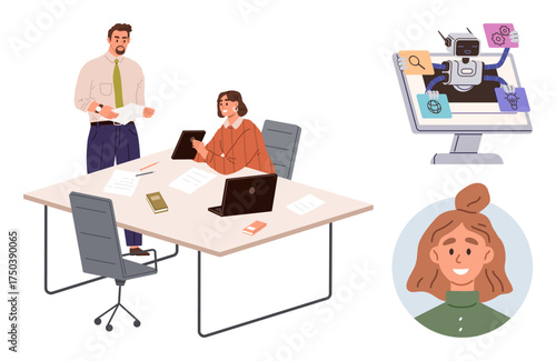 Team collaboration at desk with documents, tech devices, AI screen showing workflow, and user avatar. Ideal for teamwork, technology, AI, productivity, digital tools office setup and task
