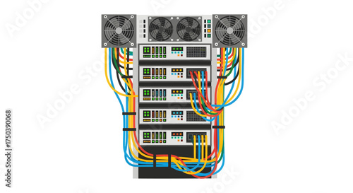 Server rack with fans and colorful cables, illustrating data center technology and networking infrastructure