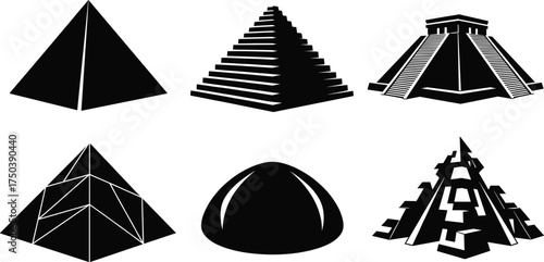 Pyramid silhouette vector set, ancient architecture, modern design, Mesoamerican temple, Egyptian step pyramid, black and white, cultural building, art
