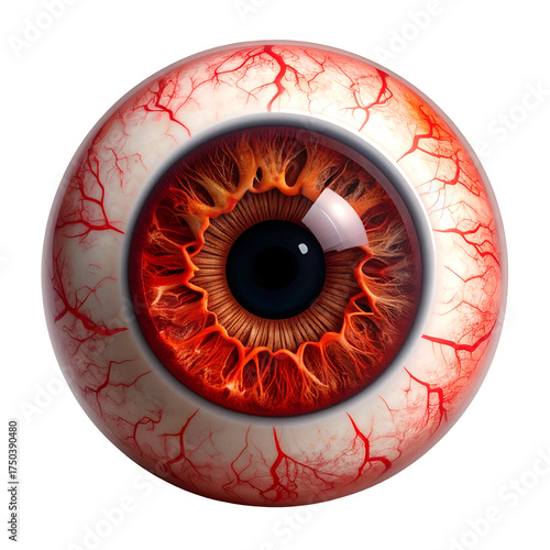 A digitally rendered, intensely red and detailed eye with veined sclera, deep iris