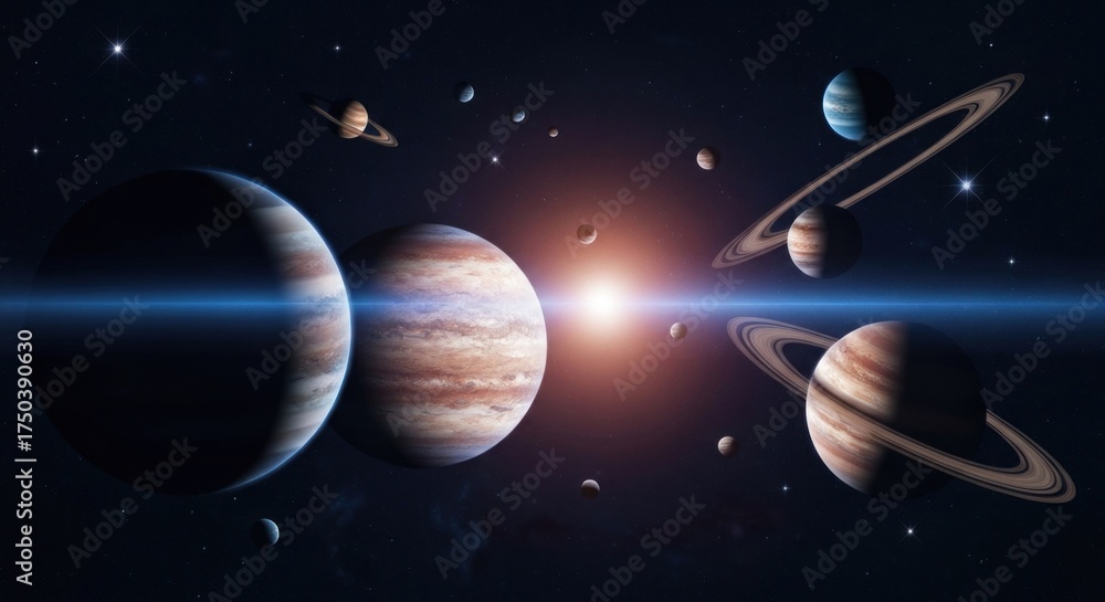 Naklejka premium A composite of planets, rings, and moons, centered on a bright star in a cosmic scene