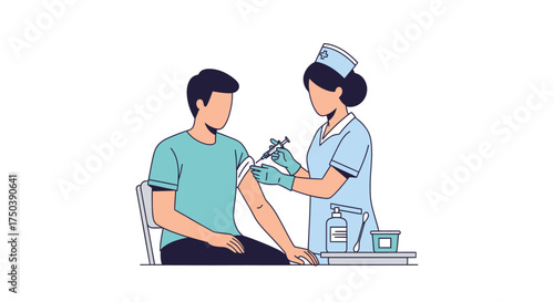 Nurse administering vaccine to patient, illustration of healthcare and medical assistance