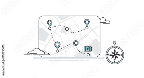 Vector illustration of a travel map with route markers, compass, and suitcase for planning and navigation