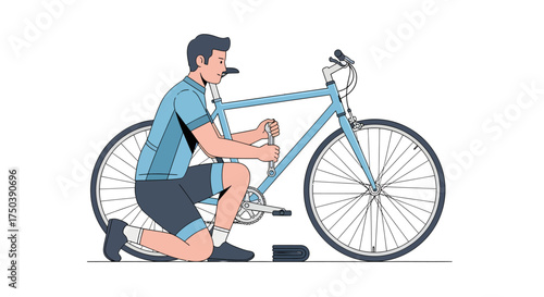 Man Adjusting Bicycle Seat with Tool, Vector Illustration of Cycling Maintenance