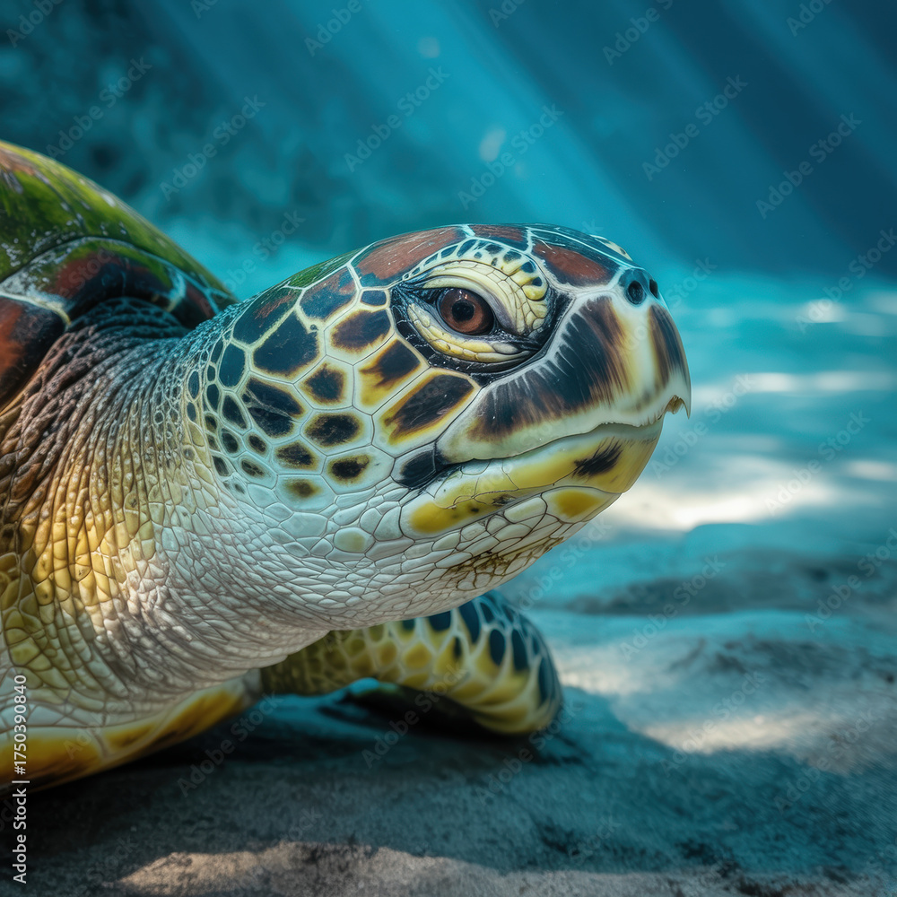 Fototapeta premium Majestic sea turtle gliding through clear blue ocean waters underwater photography