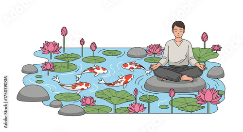 Finding Zen Meditating by a Koi Pond with Lotus Flowers in Vector