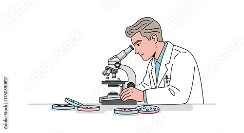 Scientist Examining Samples Under Microscope in Laboratory Environment – Vector Illustration