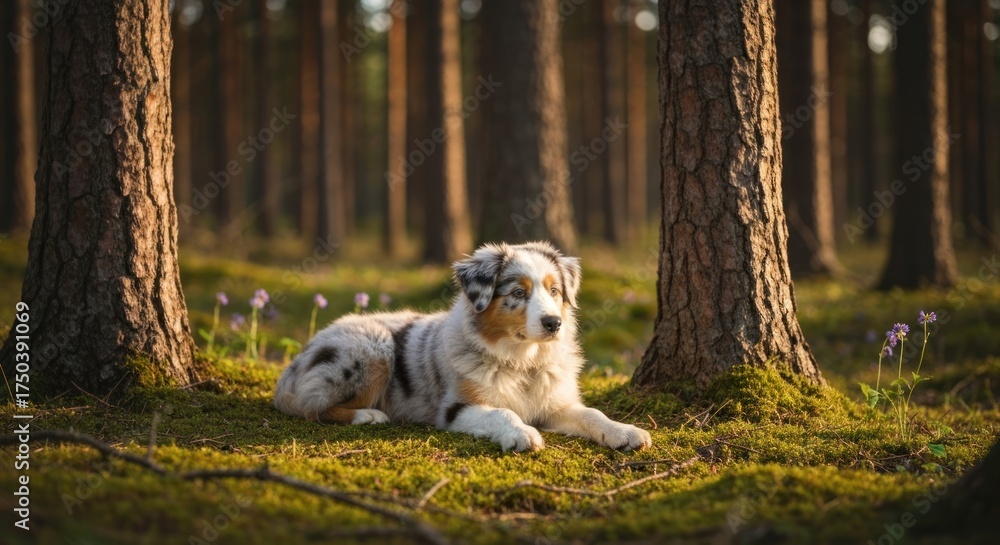 Obraz premium A dog rests peacefully in a sunlit forest, surrounded by trees and soft moss
