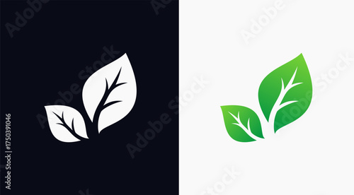 Minimalist green leaf logo design concept, featuring two leaves for an eco-friendly, natural, or organic brand icon