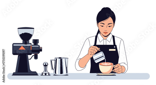 A professional female barista making latte art by pouring steamed milk into a coffee cup, isolated vector illustration