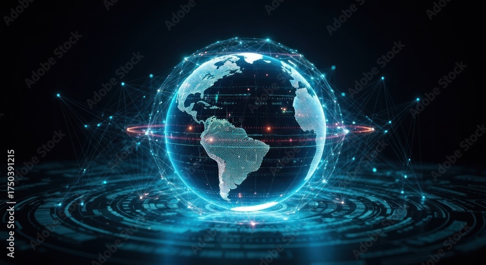 Obraz premium A digitally rendered Earth surrounded by a network of glowing lines, representing global data