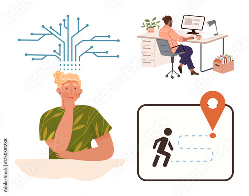 Contemplative person with circuit-thumbs up thought pattern, worker using computer, and map with a marker. Ideal for creativity, brainstorming, technology, remote work, productivity, planning