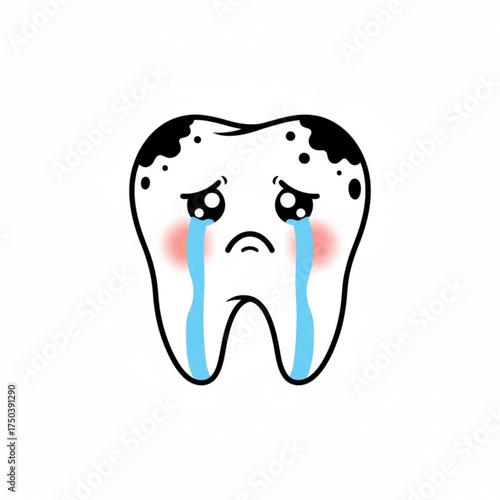Crying Cartoon Tooth with Cavities