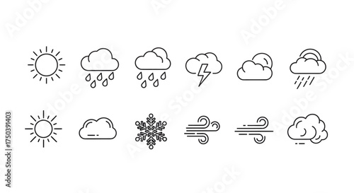 A minimalist vector icon pack of weather conditions, line art style, featuring sun, cloud, rain, snow, wind, and lightning