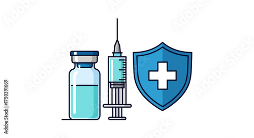 Vaccination Process, Syringe and Vial, Healthcare Setting, Digital Illustration, Clinical Environment, Close-Up View, Health Concept