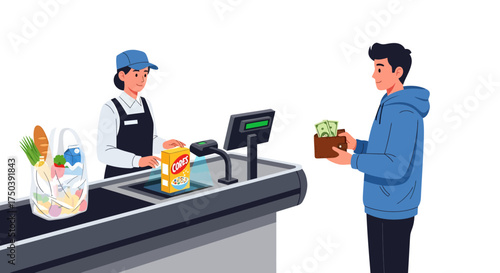 Checkout Transaction with Cash Payment at Supermarket Counter, People, Lifestyle, VECTOR (319).eps Concept, Side View