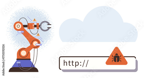 Robotic manipulator arm connected to sensors, cloud symbol, and malware alert on URL bar. Ideal for automation, robotics, cybersecurity, IoT vulnerabilities, cloud computing, malware risks