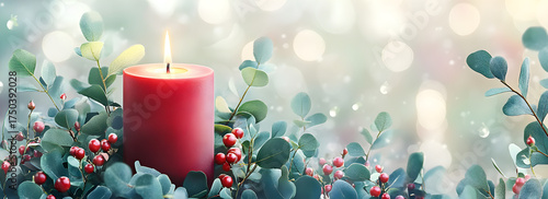 A festive Christmas banner featuring an elegant red candle surrounded by green eucalyptus leaves and colorful berries, with a soft bokeh background that adds depth to the scene.