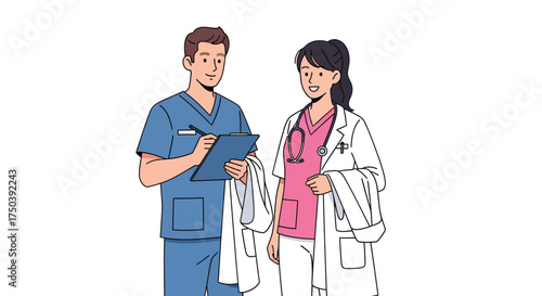 Doctors Collaborating in Clinic - Illustration - Professional Environment - Teamwork Concept