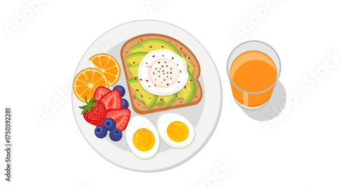 Avocado Toast, Eggs, Fruits, and Juice on a Plate in a Bright Kitchen Environment